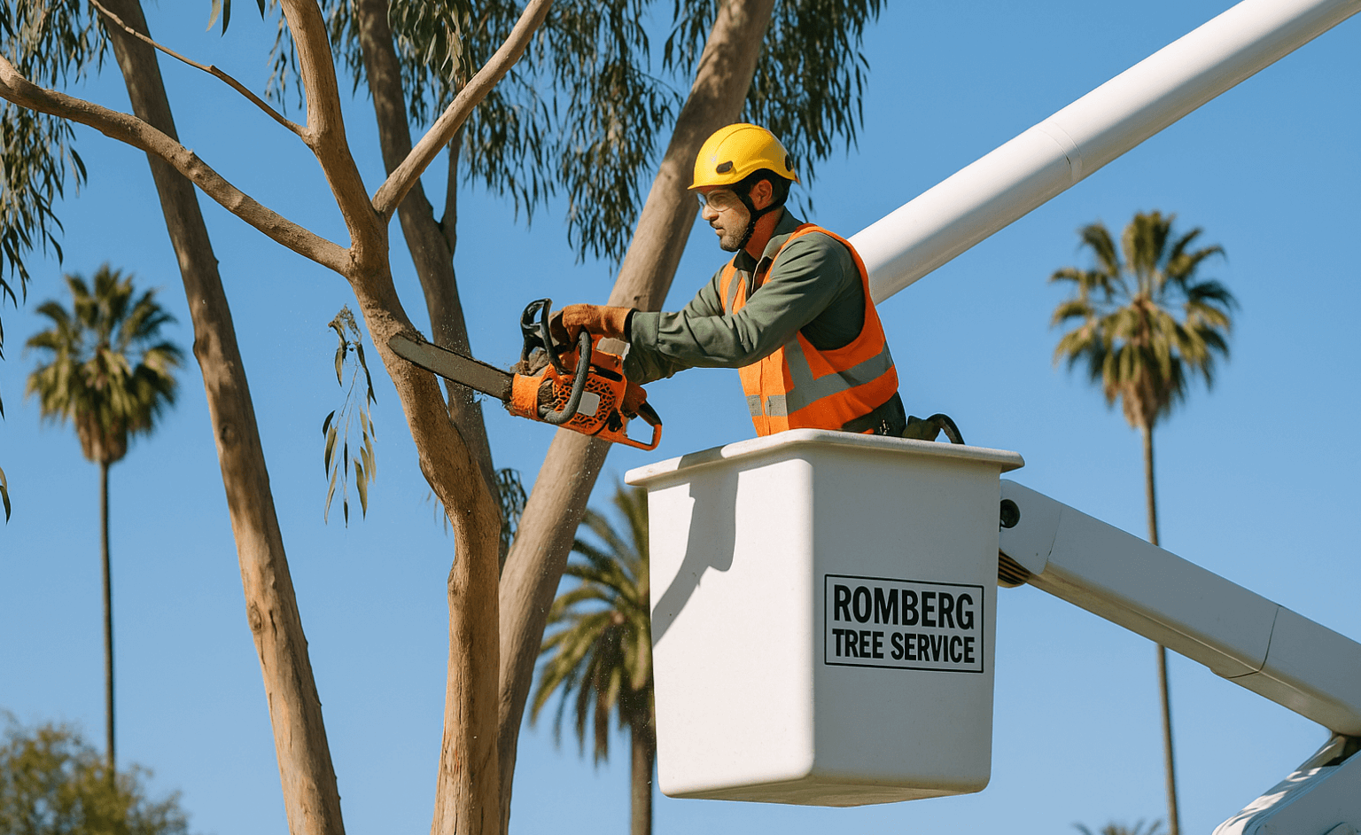 Bucket truck performing safe eucalyptus removal in Redlands, CA